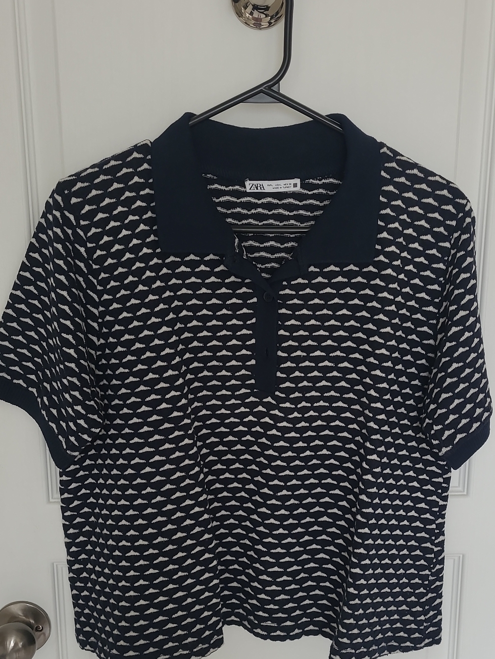 Zara Navy and White Geometric Knit Polo